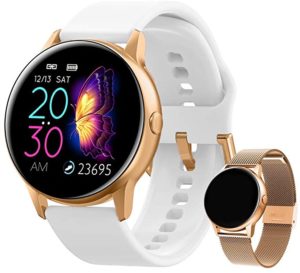 Smartwatch Damen Fitness Armband Uhr | GRATIS Metallband | Sport Bluetooth Kalorien Tracker Pulsuhr Schrittzähler Blutdruckmessung | Voll Touch Screen IP68 Wasserdicht IOS/Android